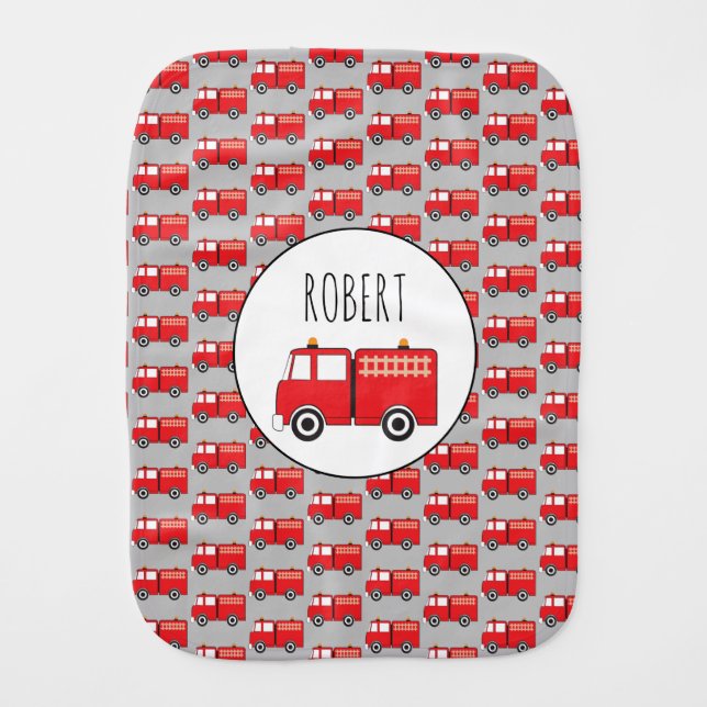 Red Fire Truck Pattern Customized Boys Name Baby Burp Cloth (Front)