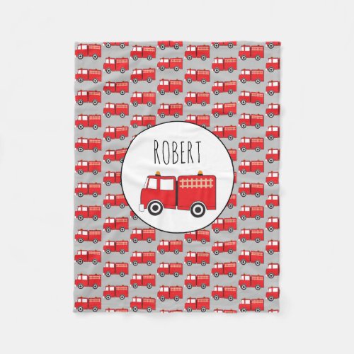 Red Fire Truck Pattern Customized Boys Name Fleece Blanket