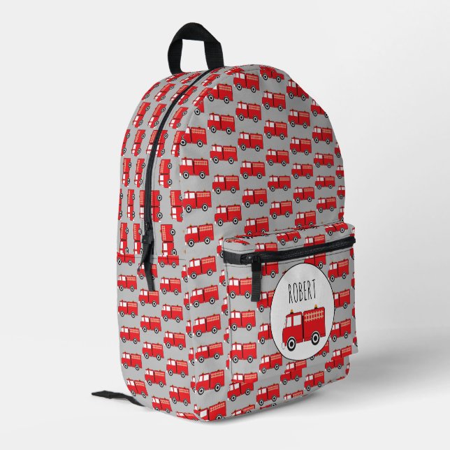 Red Fire Truck Pattern Customized Boys Name Printed Backpack (Back Corner Left)
