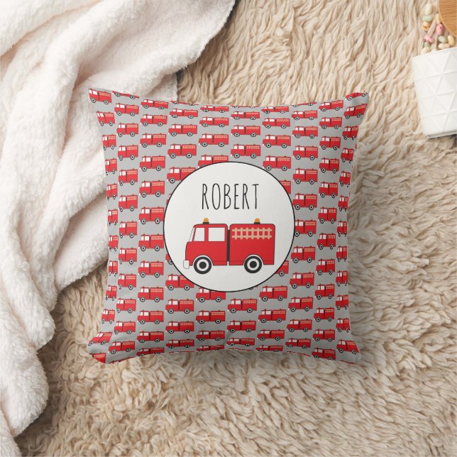 Red Fire Truck Pattern Customized Boys Name Throw Pillow (Blanket)