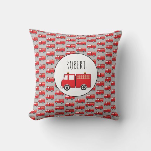 Red Fire Truck Pattern Customized Boys Name Throw Pillow