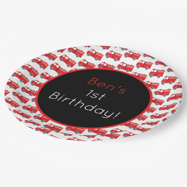 Red Fire Truck Pattern Kids Birthday Paper Plates (Angled)