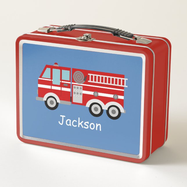 Red Fire Truck Personalized Kids Metal Lunch Box (Front)