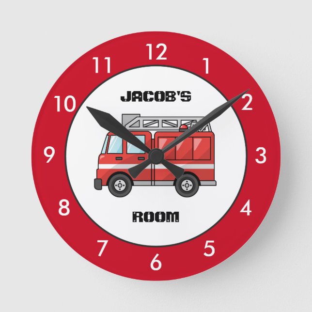 Red Fire Truck Personalized Round Clock (Front)