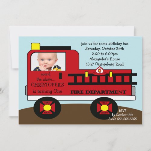 Red Fire Truck Photo Birthday Party Custom Invites