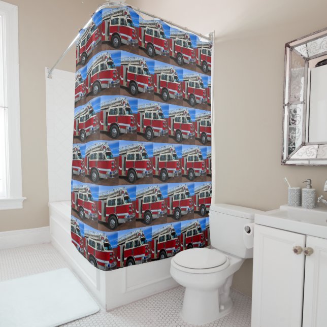 Red Fire Truck Shower Curtain (In Situ)