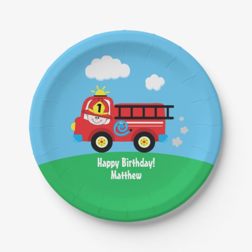 Red Fire Truck Smiling Firefighter Illustration Paper Plates