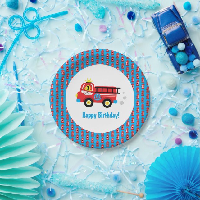 Red Fire Truck Smiling Fireman Paper Plates (Party)