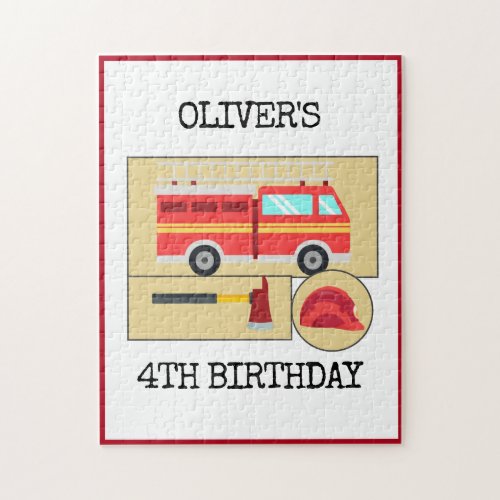 Red Fire Truck  Theme Kids Birthday Party Poster Jigsaw Puzzle