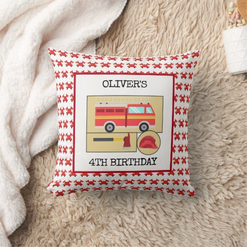 Red Fire Truck  Theme Kids Birthday Throw Pillow