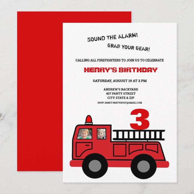 Red Fire Truck Two Photo Birthday Invitation (Front/Back)