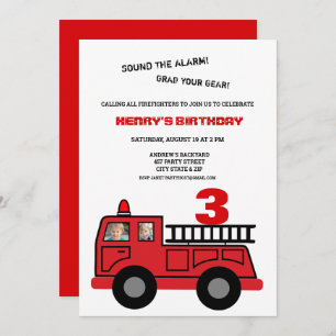 Red Fire Truck Two Photo Birthday Invitation