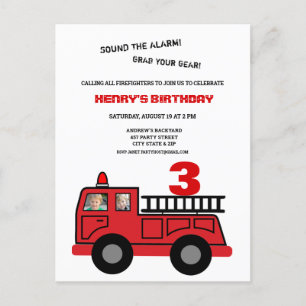 Red Fire truck two photo Birthday Party Invitation Postcard