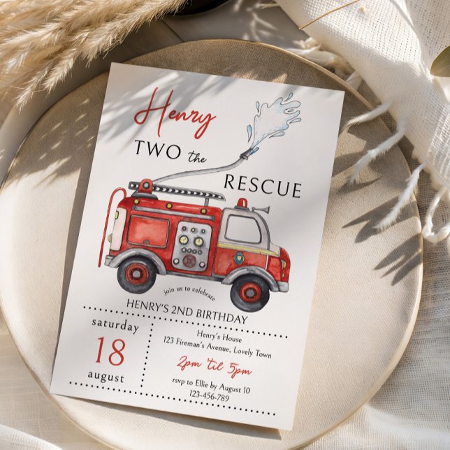 Red Fire Truck Two The Rescue 2nd Birthday Invitation (2nd Birthday Red Fire Truck Invitation for your little hero "Two the Rescue")