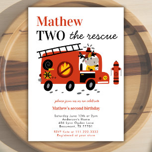 Red Fire Truck Two The Rescue 2nd Boy Birthday  Invitation