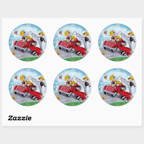 Red fire truck with cute firefighters boys classic round sticker