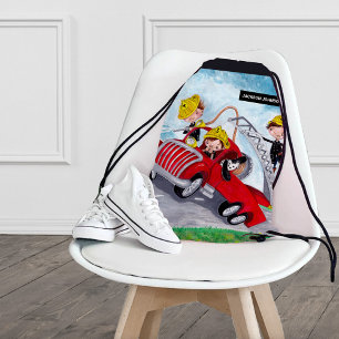 Red fire truck with cute firefighters boys drawstr drawstring bag