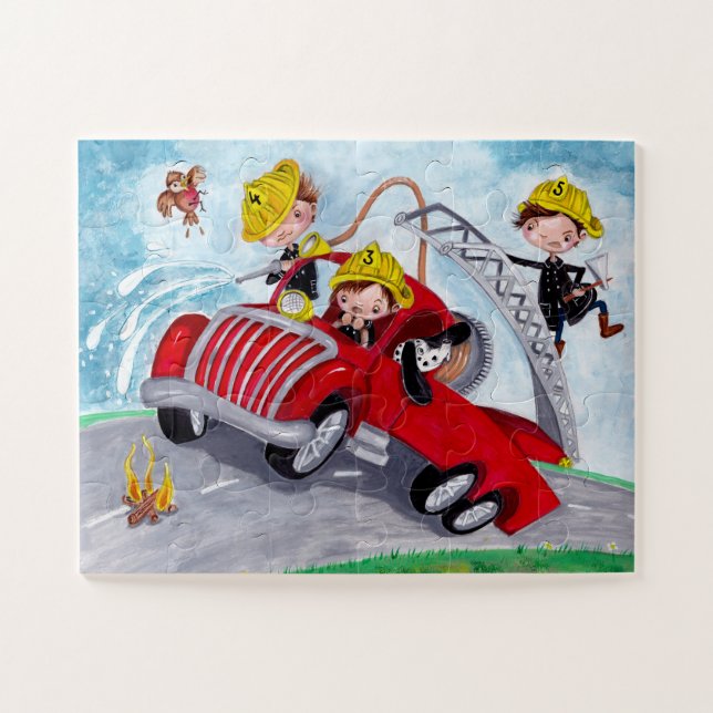 Red fire truck with cute firefighters boys  jigsaw puzzle (Horizontal)