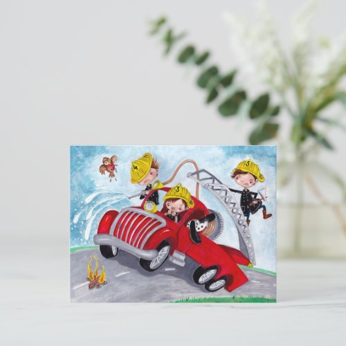 Red fire truck with cute firefighters boys postcard