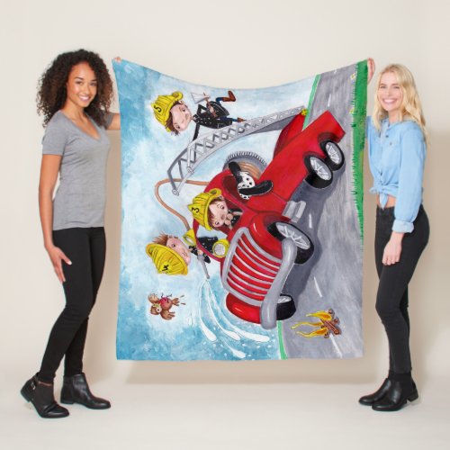 Red fire truck with cute firefighters boys room fleece blanket