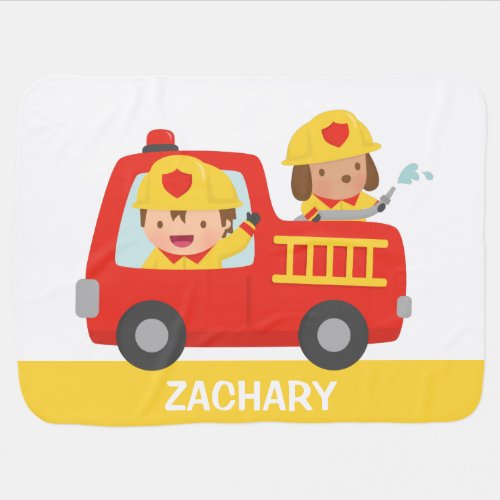 Red Fire Truck with Fire fighter Boy and Dog Baby Blanket