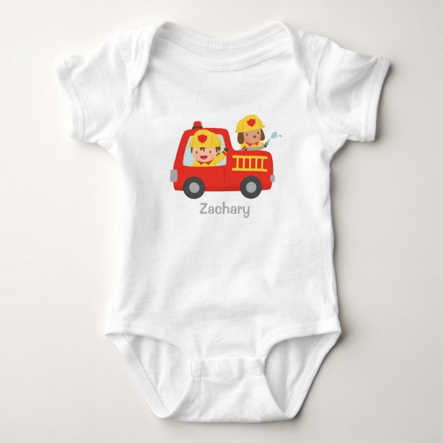 Red Fire Truck with Fire fighter Boy and Dog Baby Bodysuit (Front)