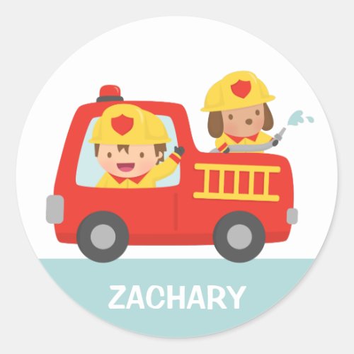 Red Fire Truck with Fire fighter Boy and Puppy Classic Round Sticker