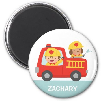 Red Fire Truck With Fire Fighter Boy And Puppy Magnet by RustyDoodle at Zazzle