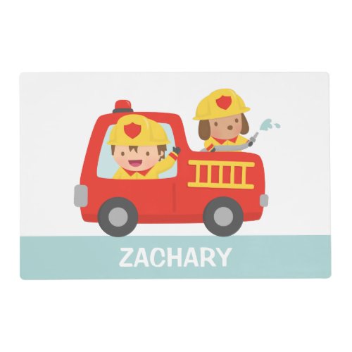 Red Fire Truck with Fire fighter Boy and Puppy Placemat