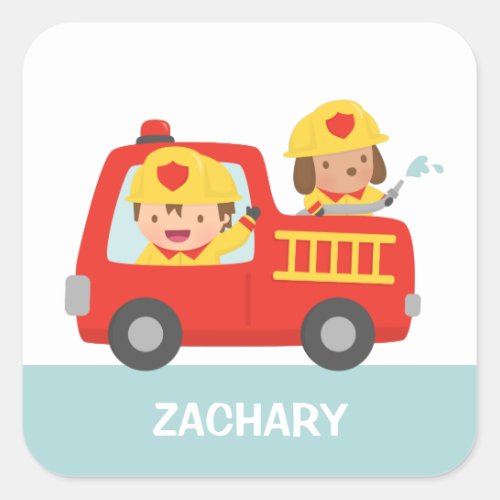 Red Fire Truck with Fire fighter Boy and Puppy Square Sticker