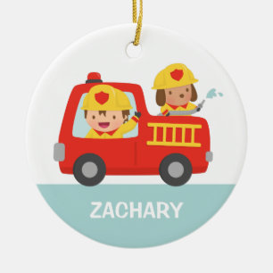 Red Fire Truck with Fire fighter Boys Room Decor Ceramic Ornament
