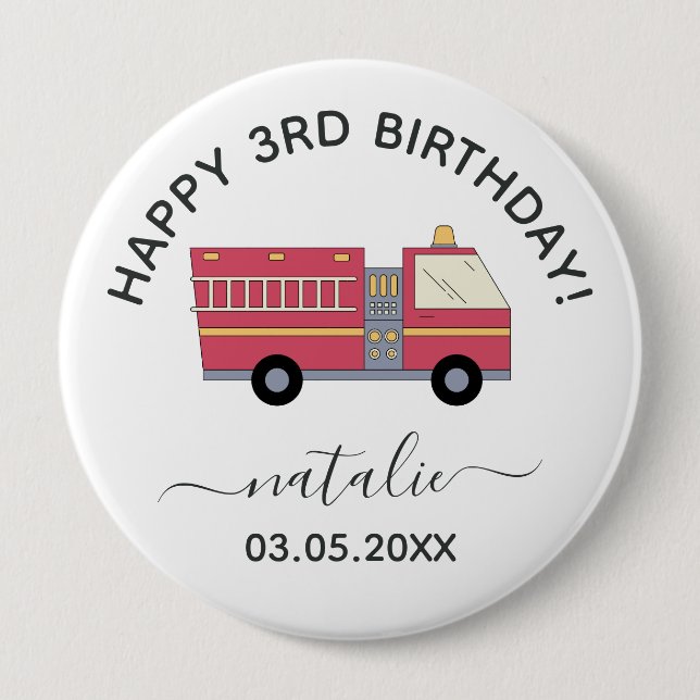 Red Firefighter Alarm Firetruck Birthday Supplies Button (Front)