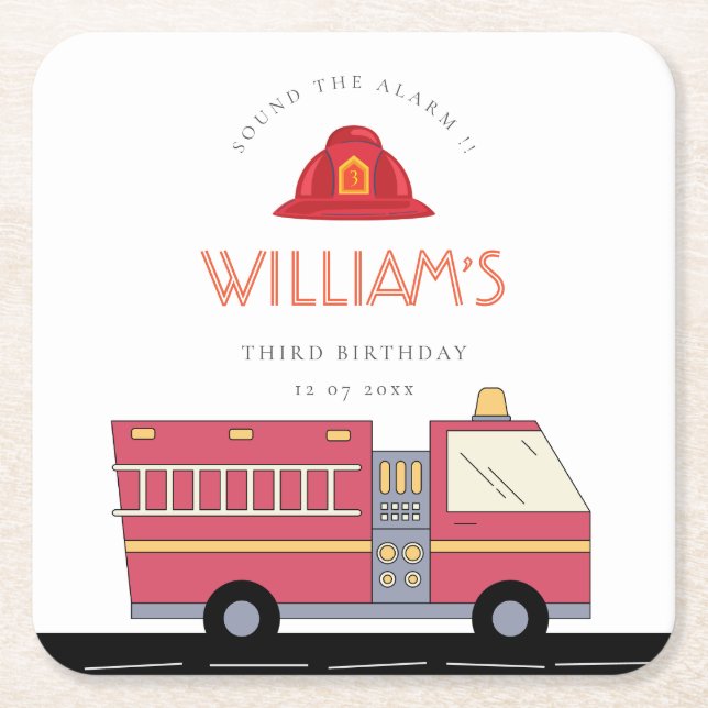 Red Firefighter Alarm Firetruck Birthday Supplies Square Paper Coaster (Front)