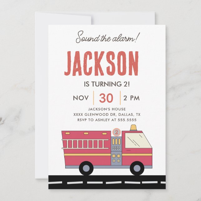 Red Firefighter And Alarm Fire Truck Invitation (Front)