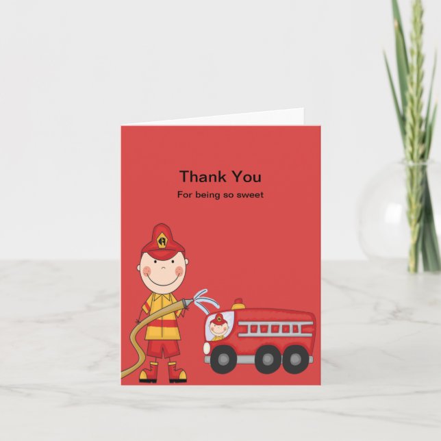 Red Fireman with Firetruck Thank You Card (Front)