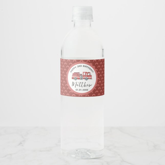 Red Firetruck Birthday Party Water Bottle Labels (Front)