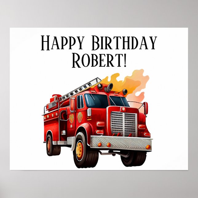Red Firetruck Child's Happy Birthday Name Poster (Front)