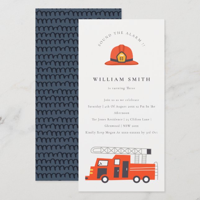 Red Firetruck Engine Kids Any Age Birthday Invite (Front/Back)