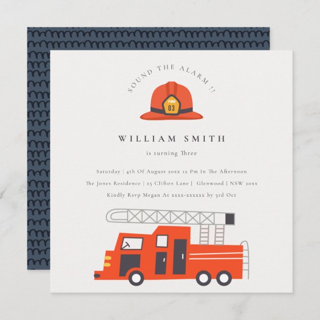 Red Firetruck Engine Kids Any Age Birthday Invite (Front/Back)