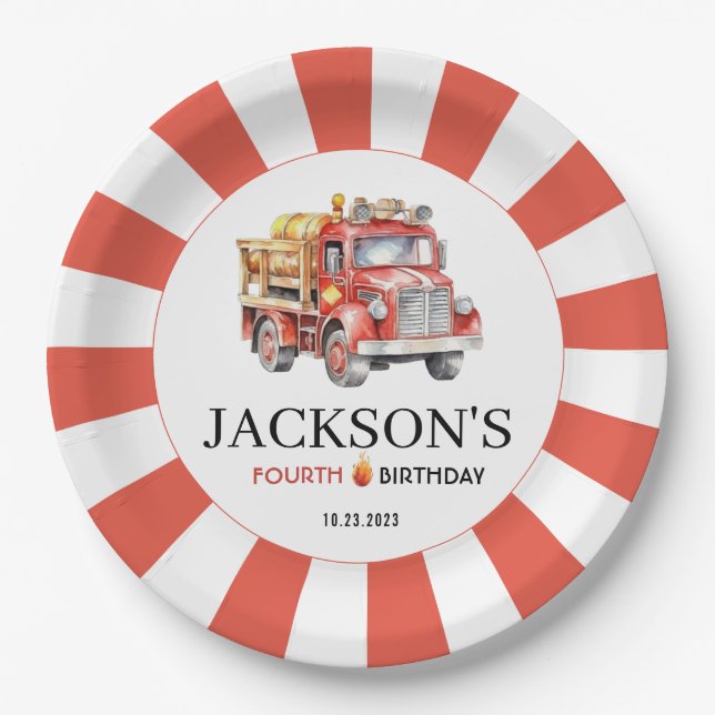 Red firetruck fireman boy birthday paper plates (Front)