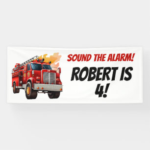 Red Firetruck Sound the Alarm Child's Name Age Banner