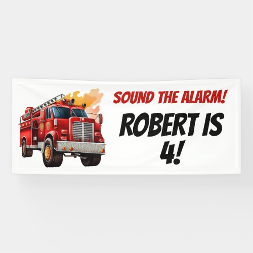 Red Firetruck Sound the Alarm Childs Name Age  Banner