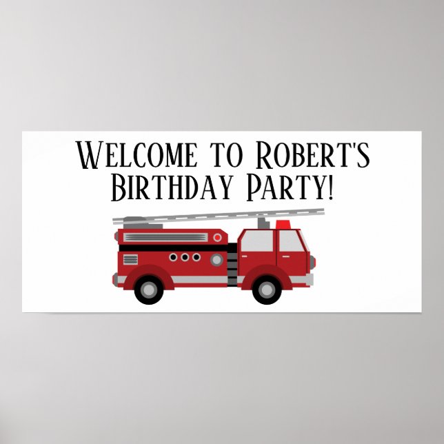 Red Firetruck White Birthday Party Banner Poster (Front)