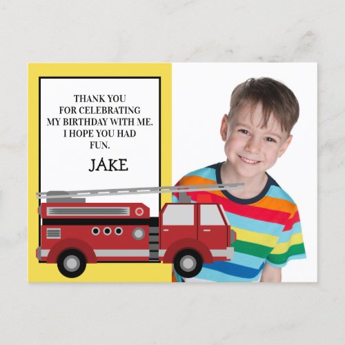 Red Firetruck Yellow Birthday Photo Thank You Postcard