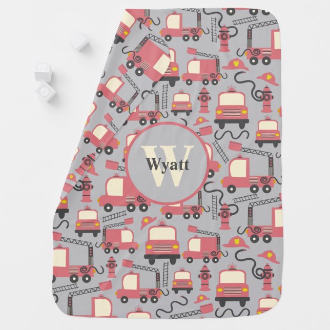 Red Firetrucks Firefighter Kids Personalized Baby Blanket (In Situ)