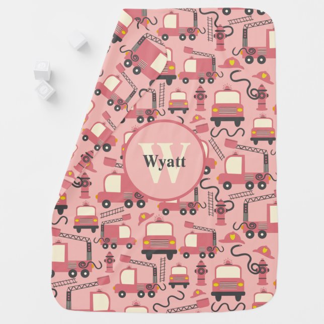 Red Firetrucks Firefighter Kids Personalized Baby Blanket (In Situ)