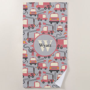 Red Firetrucks Firefighter Kids Personalized Beach Towel