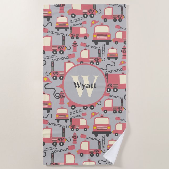 Red Firetrucks Firefighter Kids Personalized Beach Towel (Front)