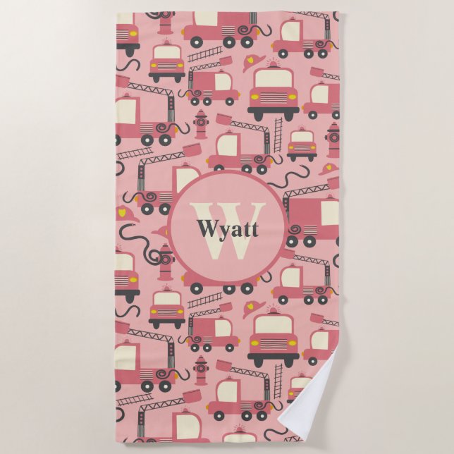 Red Firetrucks Firefighter Kids Personalized Beach Towel (Front)