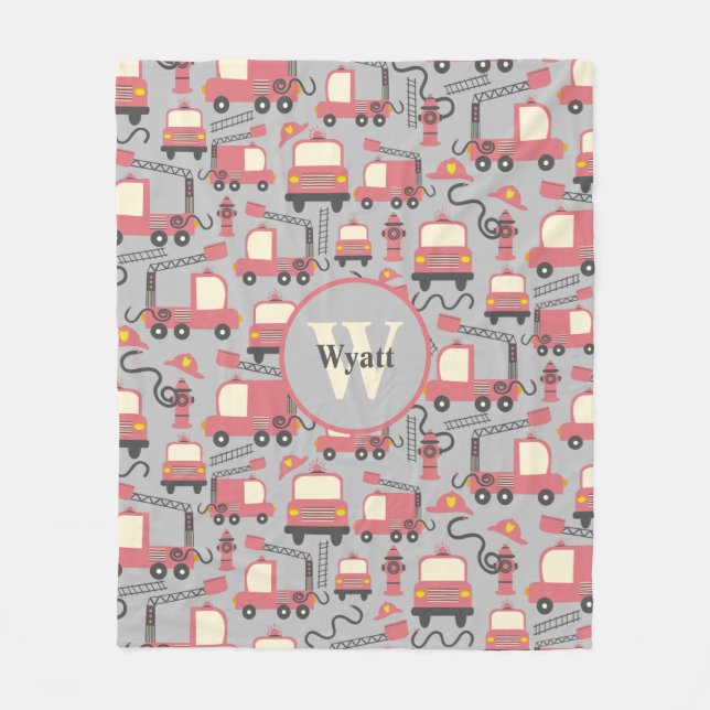 Red Firetrucks Firefighter Kids Personalized Fleece Blanket (Front)